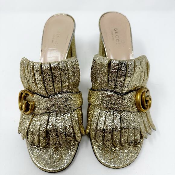 Gucci Marmont GG Mules Gold Leather Sandals - Picture 2 of 11